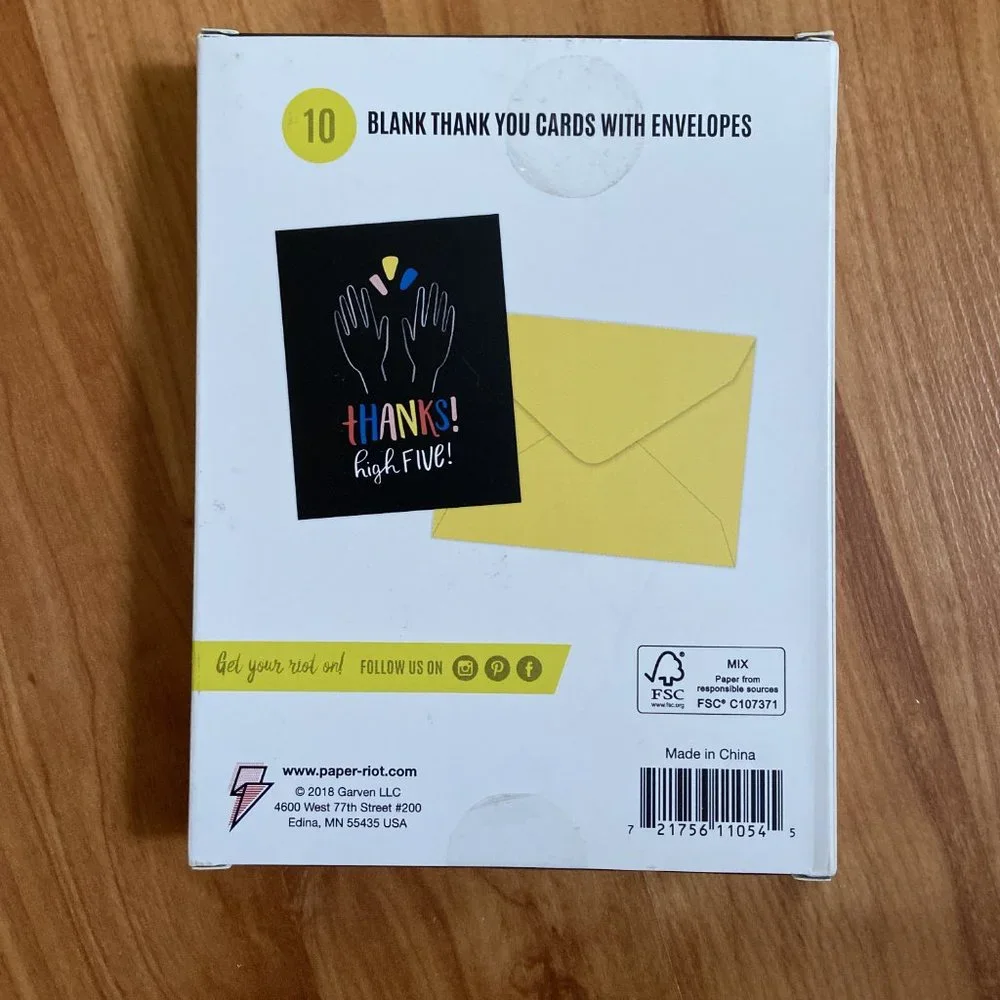 Paper Riot Black Thanks High Five! Thank You Cards and envelopes Set of 10 NIB
